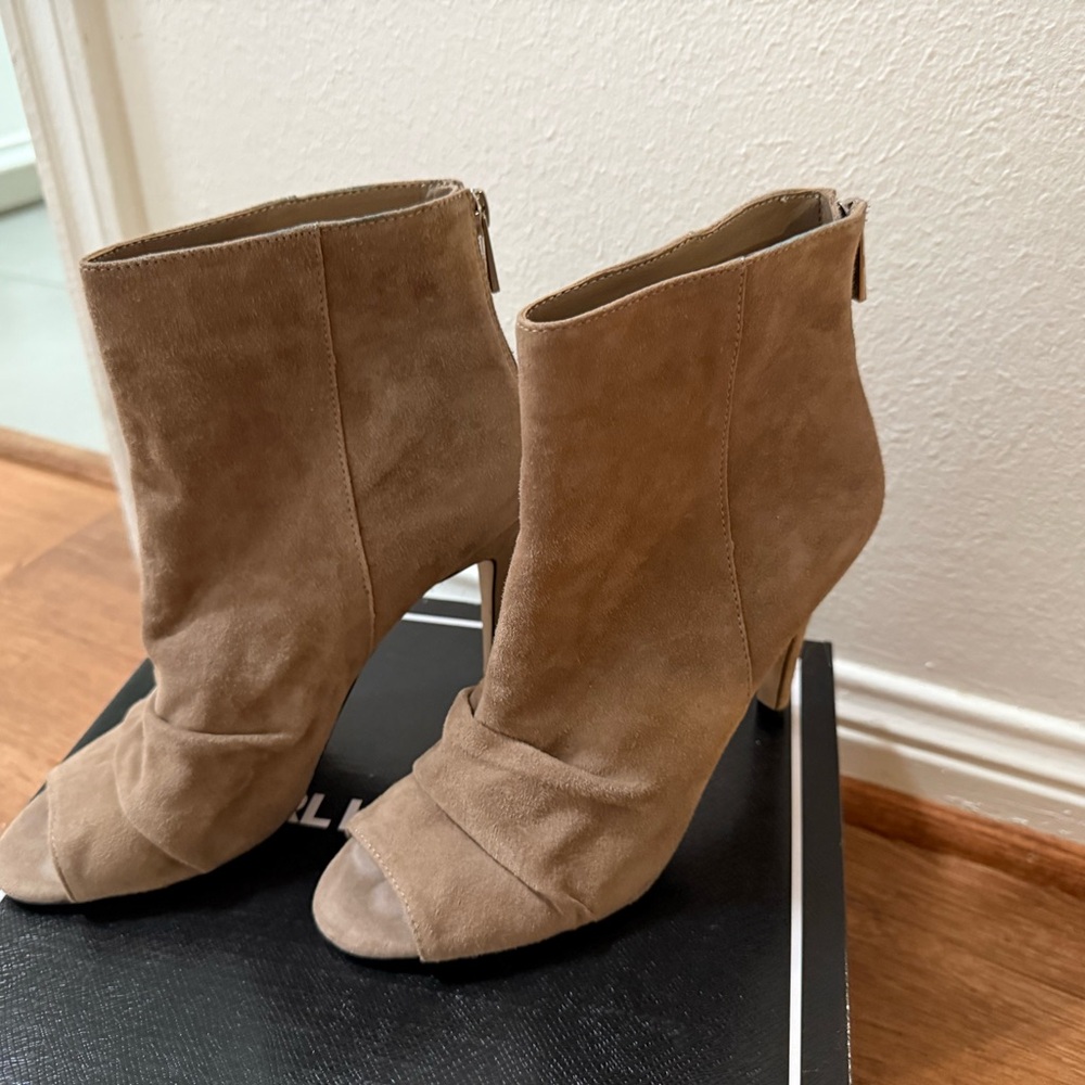 Jessica Simpson Tan Suede Peep-Toe Ankle Booties